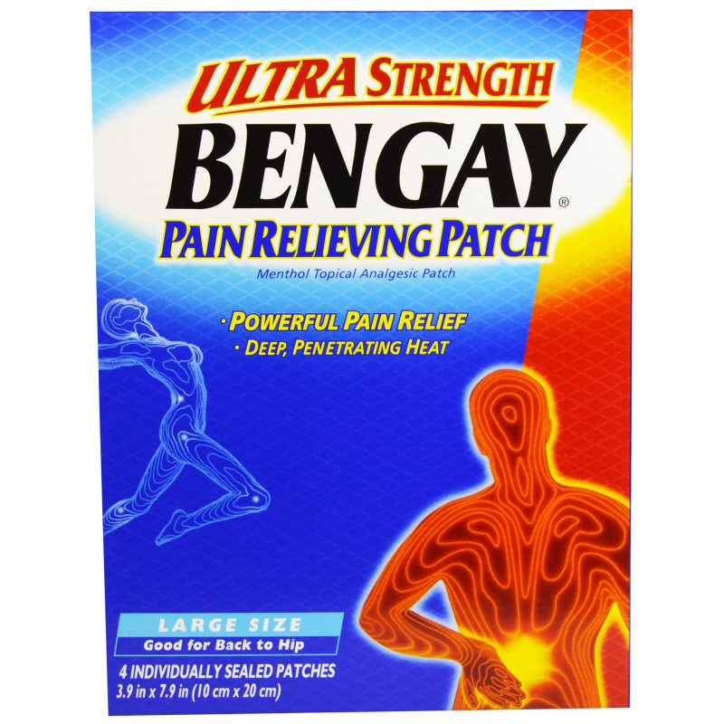 Bengay, Болеутоляющий пластырь Ultra Strength, большой размер, 4 штуки, 3,9 дюйма x 7,9 дюйма (10 см x 20 см)