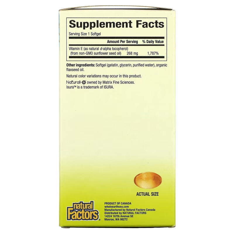 Natural Factors, Whole Earth & Sea, Sunflower Vitamin E, 268 mg, 90 Softgels