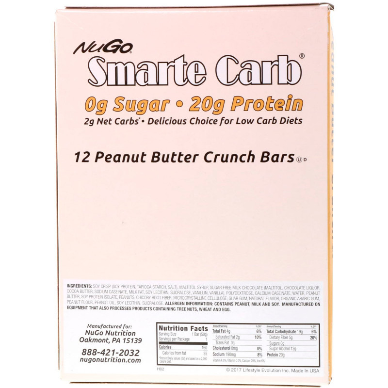 NuGo Nutrition, Smarte Carb, хрустящие батончики с арахисовым маслом, 12 батончиков, 1,76 унции (50 г) каждый