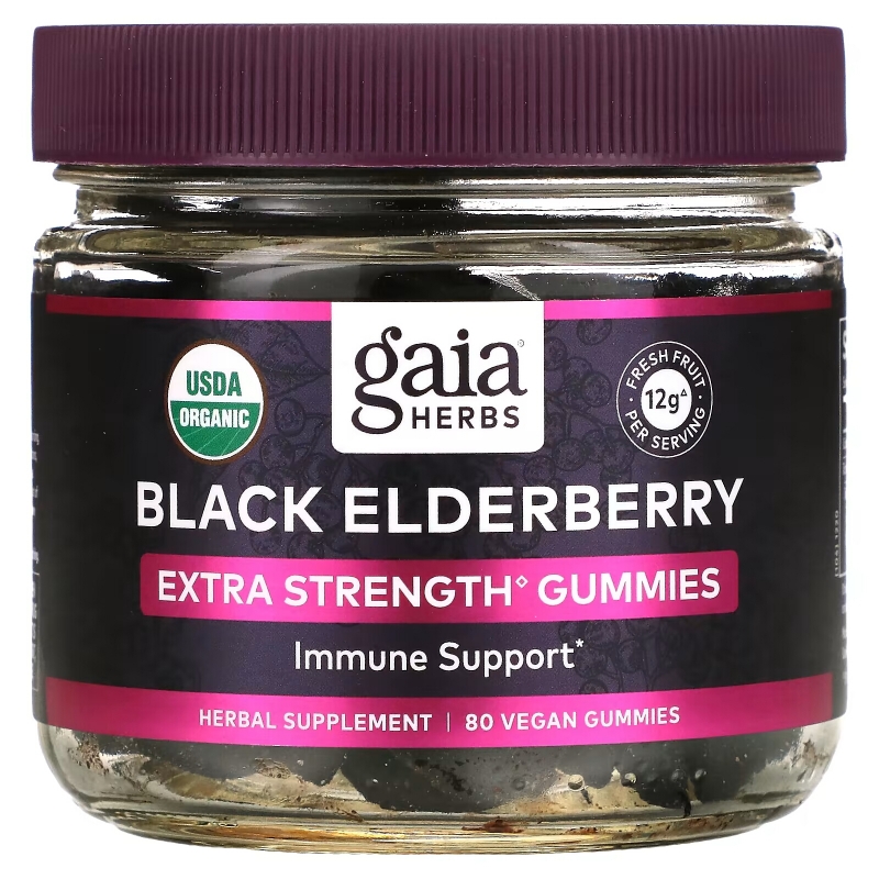 Gaia Herbs, Black Elderberry Extra Strength Immune Support Gummies, 80 Vegan Gummies