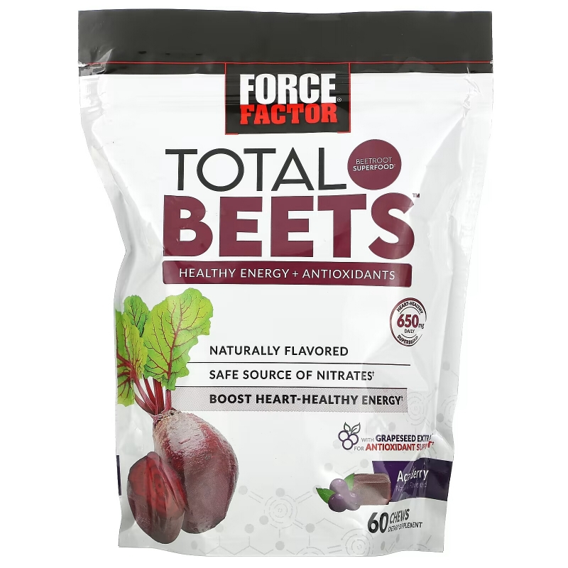 Force Factor, Total Beets, Healthy Energy + Antioxidants, Acai Berry, 325 mg, 60 Chews