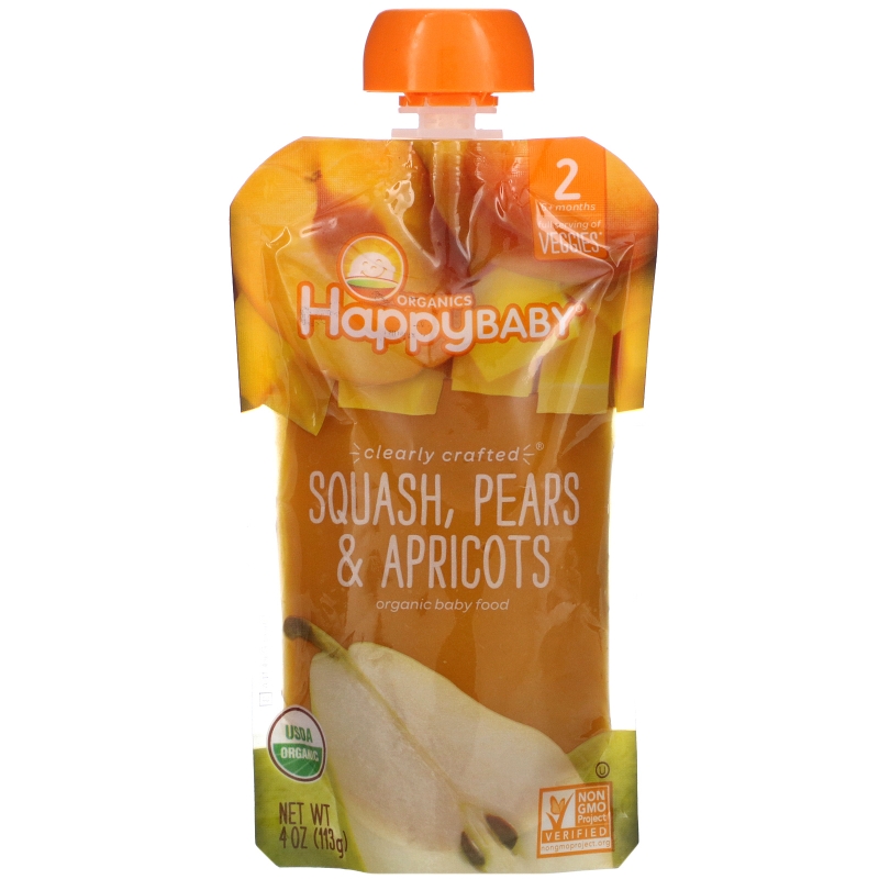 Happy Family Organics, Happy Baby, Organic Baby Food, Stage 2, 6 + Months,  Squash, Pears & Apricots, 4 oz (113 g)