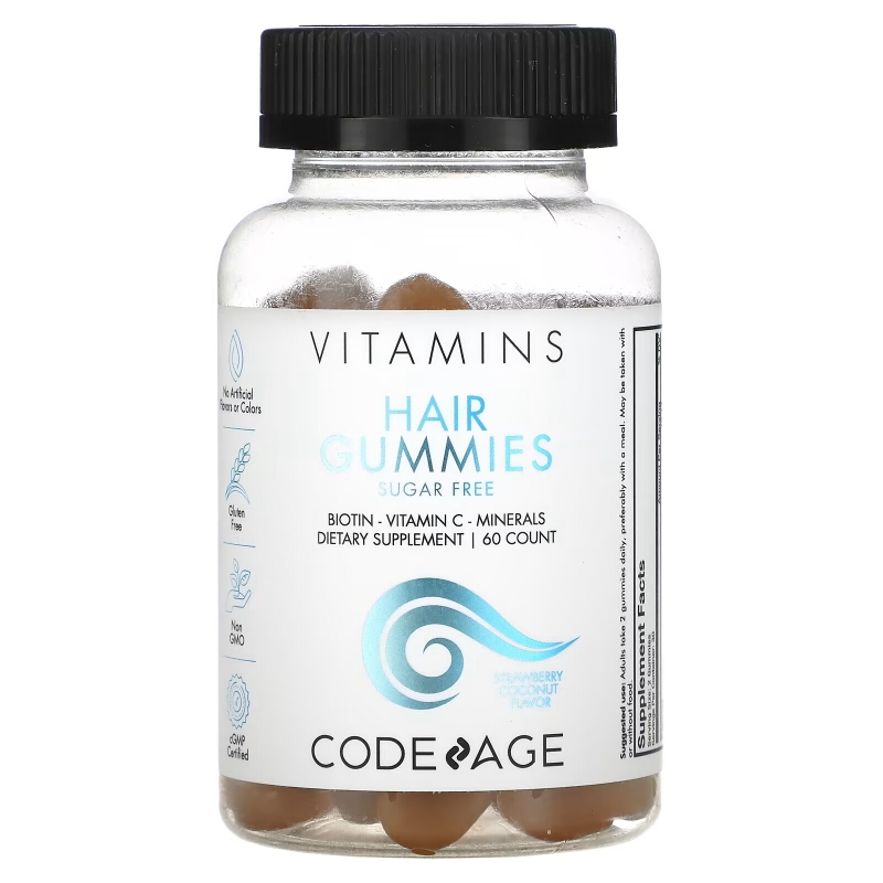 Codeage, Vitamins, Hair Gummies, Sugar Free, Biotin, Vitamin C, Minerals, Strawberry Coconut, 60 Count