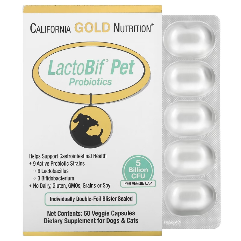 California Gold Nutrition, Пробиотики LactoBif Pet, 5 миллиардов КОЕ, 60 овощных капсул