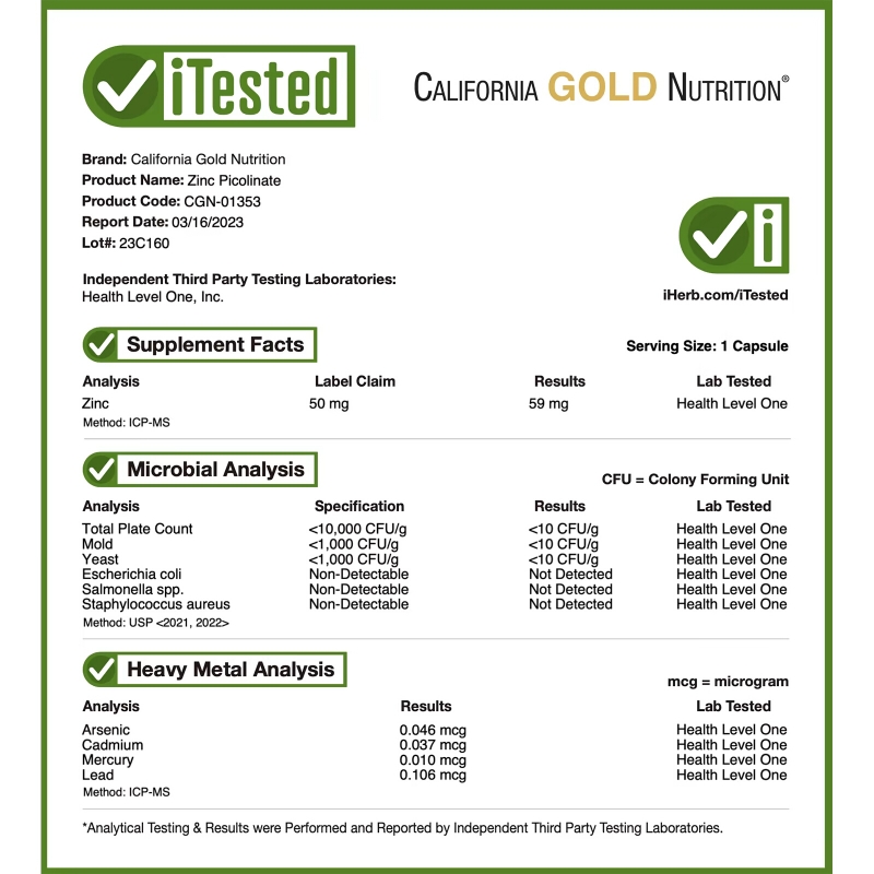 California Gold Nutrition, Zinc Picolinate, 50 mg, 120 Veggie Capsules