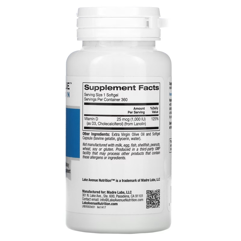 Lake Ave. Nutrition, Vitamin D3, 1,000 IU, 360 Softgels