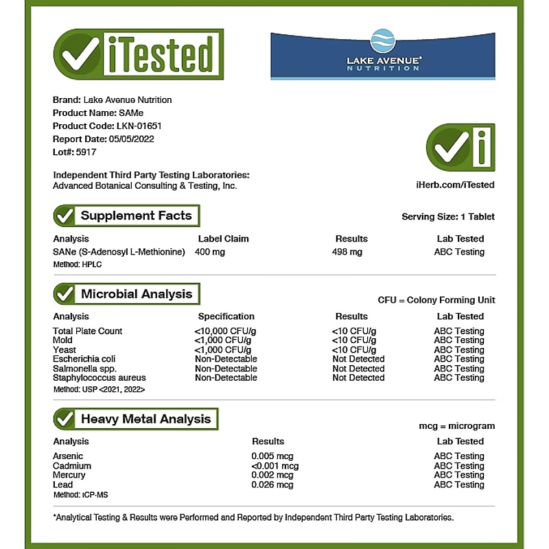 Lake Avenue Nutrition, SAMe (S-Adenosyl L-Methionine), 400 mg, 60 Tablets